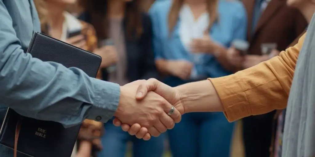 a person carrying a bible while handshaking another person with a smile. At the background there are a group of people happily talking to each other.