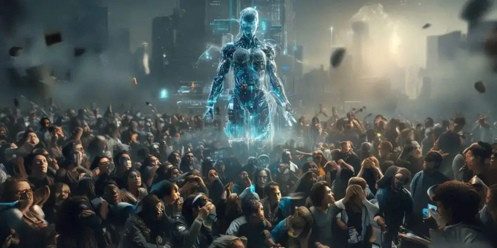 hyperrealistic and cinematic illustration artificial intelligence rising above a human crowd. The overall atmosphere is like there is looming danger.