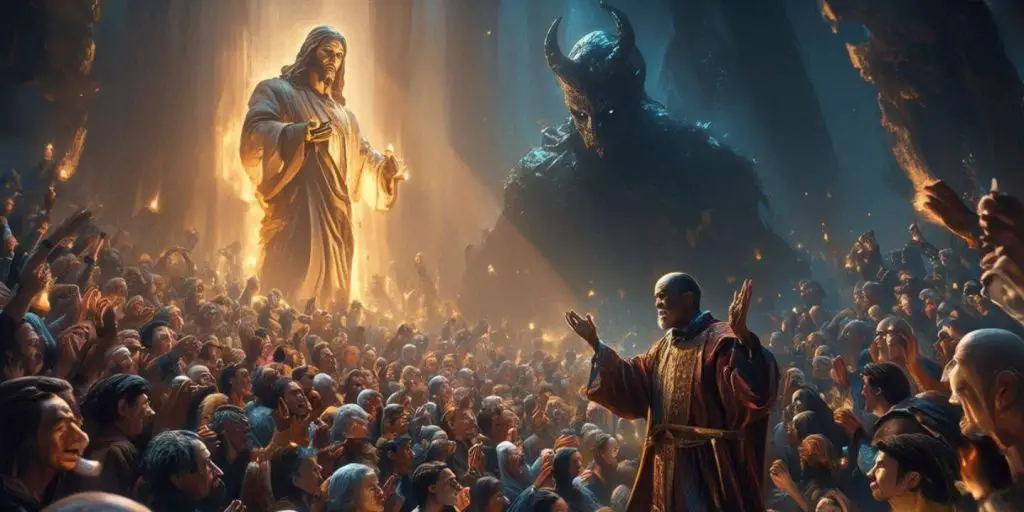 hyperrealistic and cinematic illustration of a spiritual leader leading a huge crowd into worshipping a statue of jesus but behind is satan.