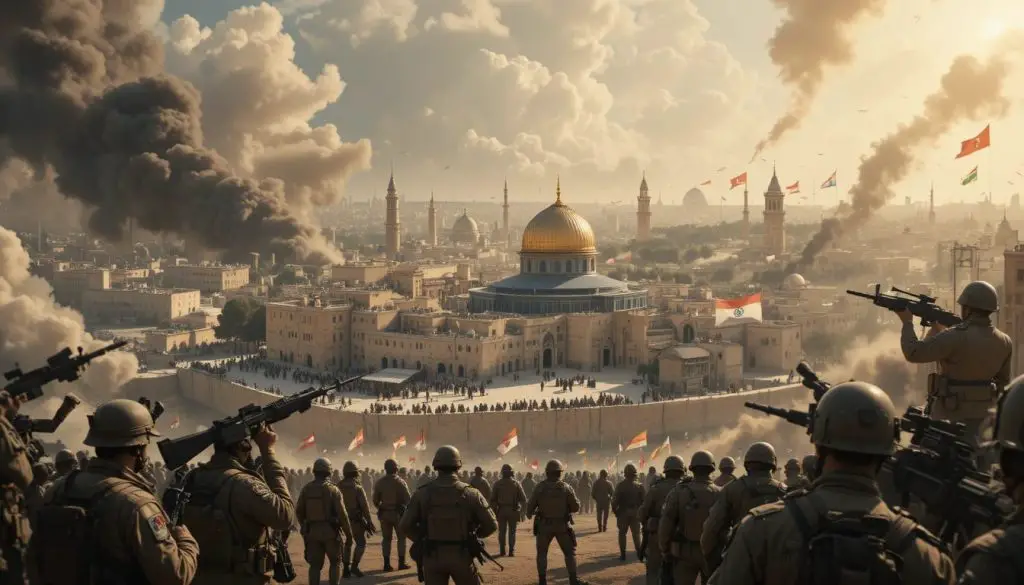 hyperrealistic and cinematic illustration of the different countries in the world ganging up on Jerusalem. All military surrounding jerusalem. The ambiance is of impending war. The environment is filled with failed peace deals.