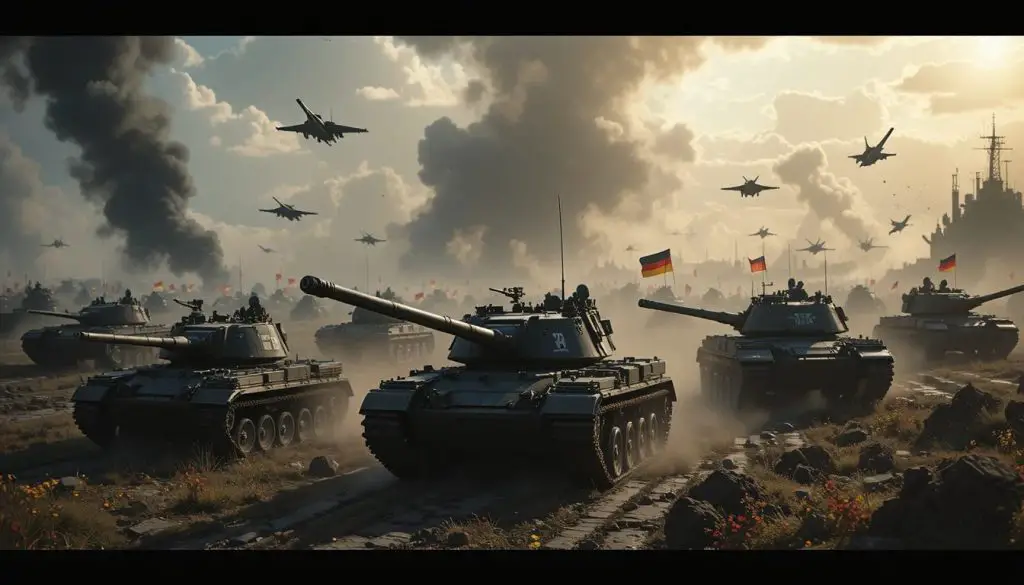 hyperrealistic and cinematic illustration of the armies of germany rising and improving. The overall ambiance is they are gearing for war and preparing to become a superpower in military. show fighter jets, tanks, advanced weapons, and navy.