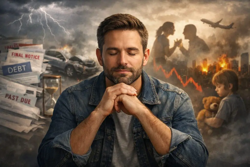 a man in deep thought and in the background includes all types of worries