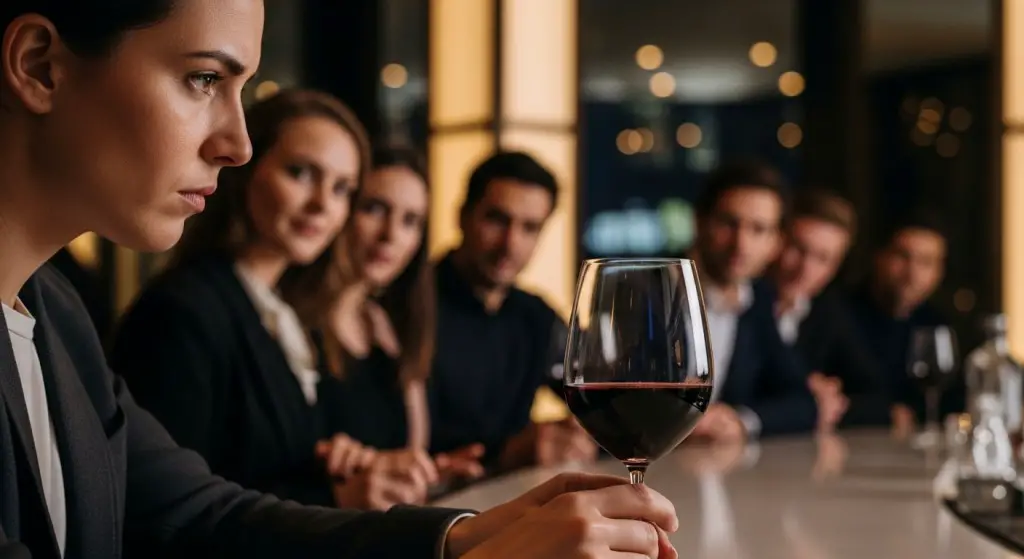 a person looking at a glass of wine thinking whether to drink it or not. on the background are people looking at him.