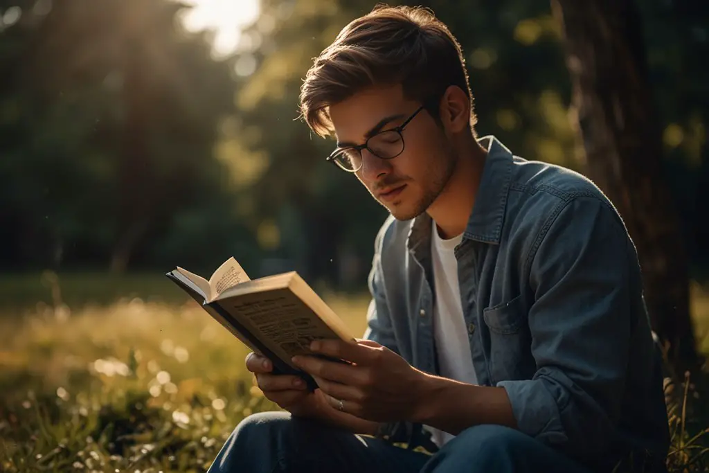 a person reading a book in a forest