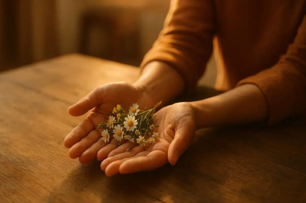 A close-up of two open hands, palms up, resting on a rustic wooden table. In the palms, instead of cash or coins, there are tiny, delicate wildflowers