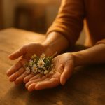 A close-up of two open hands, palms up, resting on a rustic wooden table. In the palms, instead of cash or coins, there are tiny, delicate wildflowers