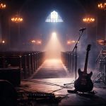 Guitar in a twilight sanctuary church