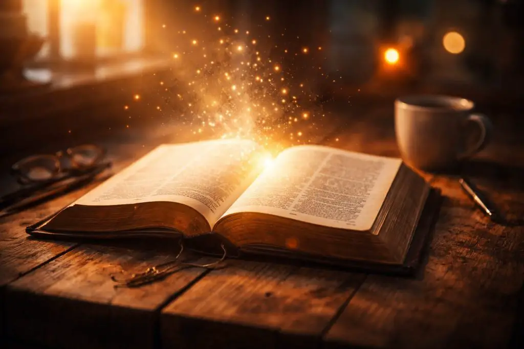 a glowing bible with dramatic background