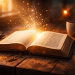 a glowing bible with dramatic background