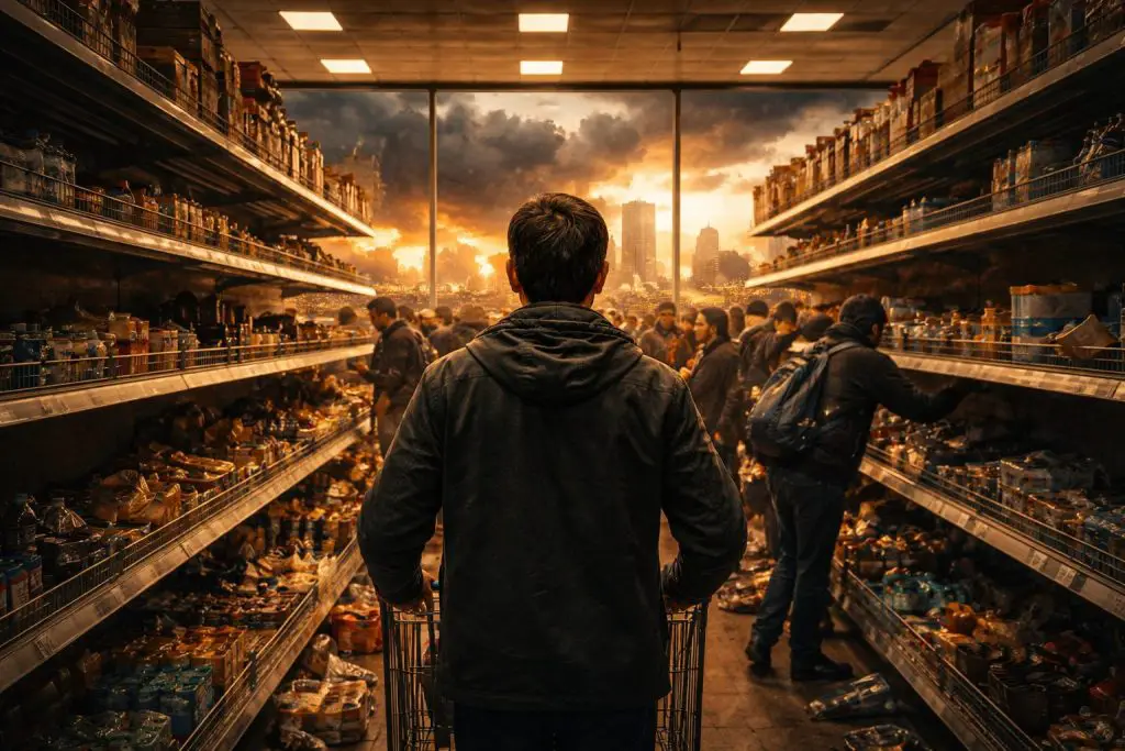 a man doing a grocery in times of war