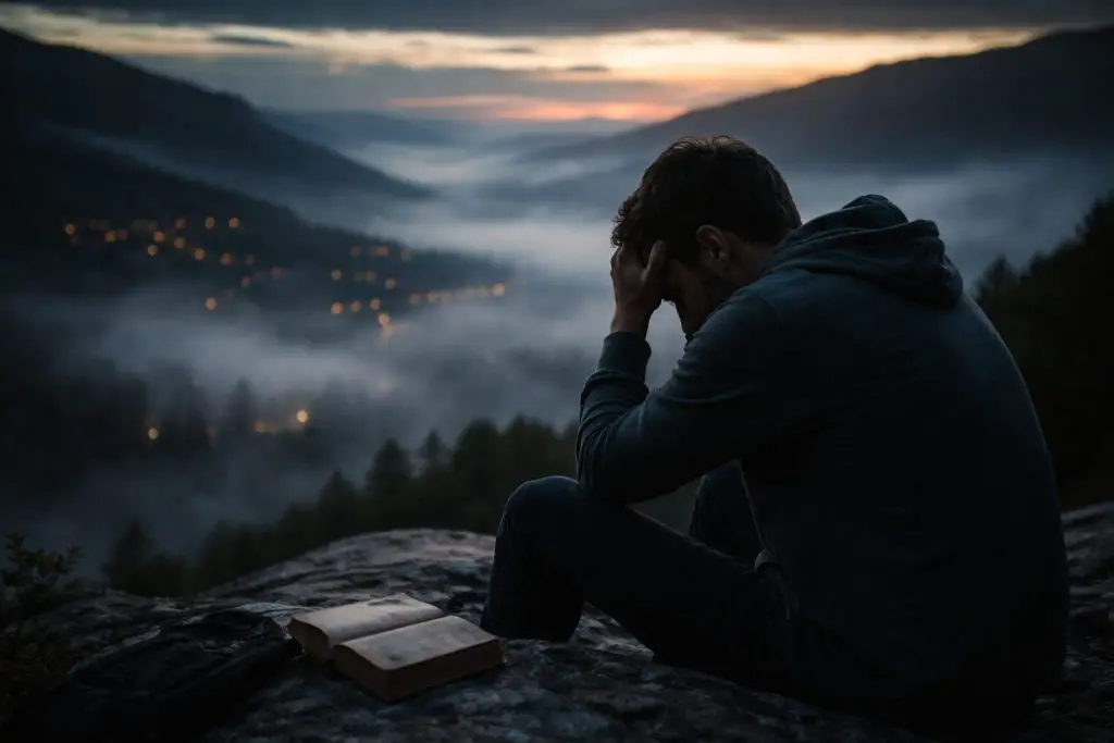 a man was sad with a bible on the side and doubting