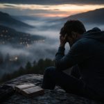 a man was sad with a bible on the side and doubting