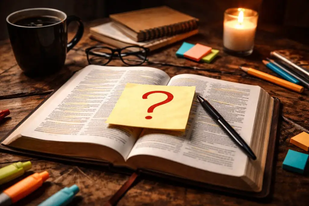 a question mark on top of a bible