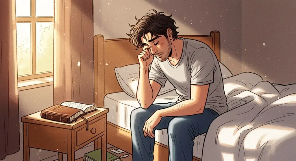 a sleepy man with bible on the bedside