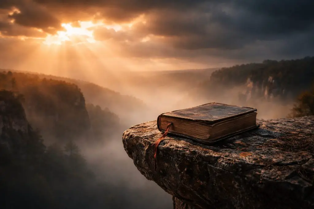 dramatic image of the bible on a cliff with light from afar