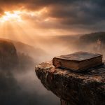 dramatic image of the bible on a cliff with light from afar