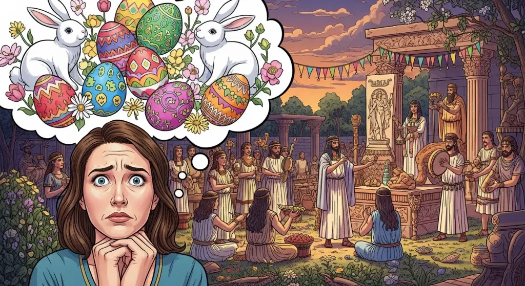 woman who is thinking of easter bunnies and eggs with pagan background