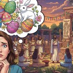 woman who is thinking of easter bunnies and eggs with pagan background