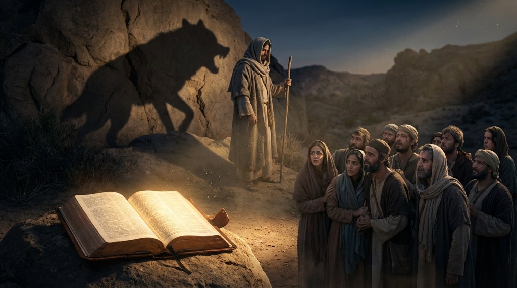 A dramatic, symbolic Christian scene of a false prophet disguised as a shepherd but casting a shadow of a wolf, standing before a crowd of confused people, with an open glowing Bible in the foreground shining light, dark and light contrast, cinematic lighting, high detail, realistic, emotional, spiritual deception theme