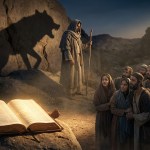 A dramatic, symbolic Christian scene of a false prophet disguised as a shepherd but casting a shadow of a wolf, standing before a crowd of confused people, with an open glowing Bible in the foreground shining light, dark and light contrast, cinematic lighting, high detail, realistic, emotional, spiritual deception theme