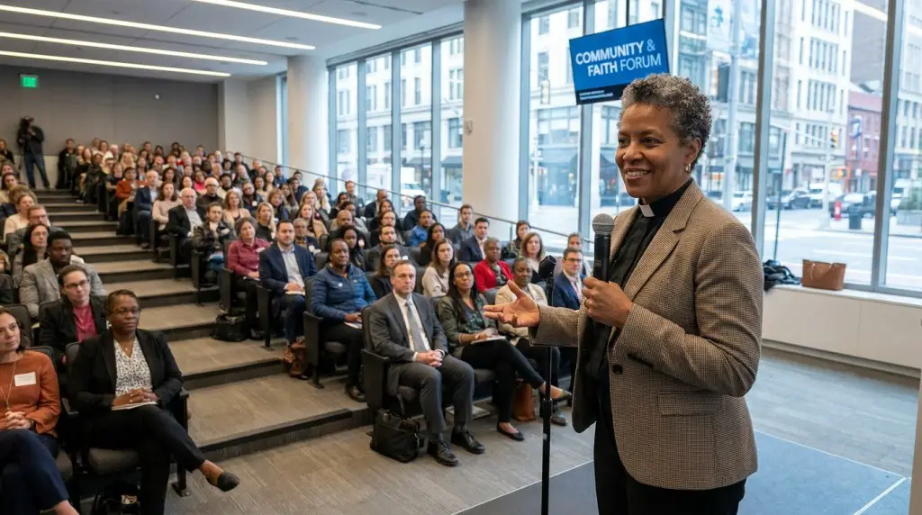 a female pastor with a proud look, with short hair in a modern setting with many people listening to her.