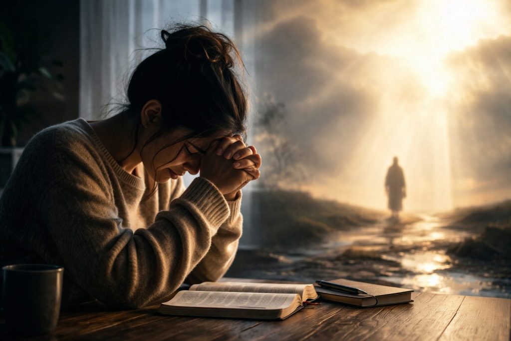 a woman in deep prayer with someone on the far side
