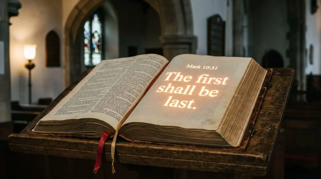 an open bible in a church with the text the first shall be last