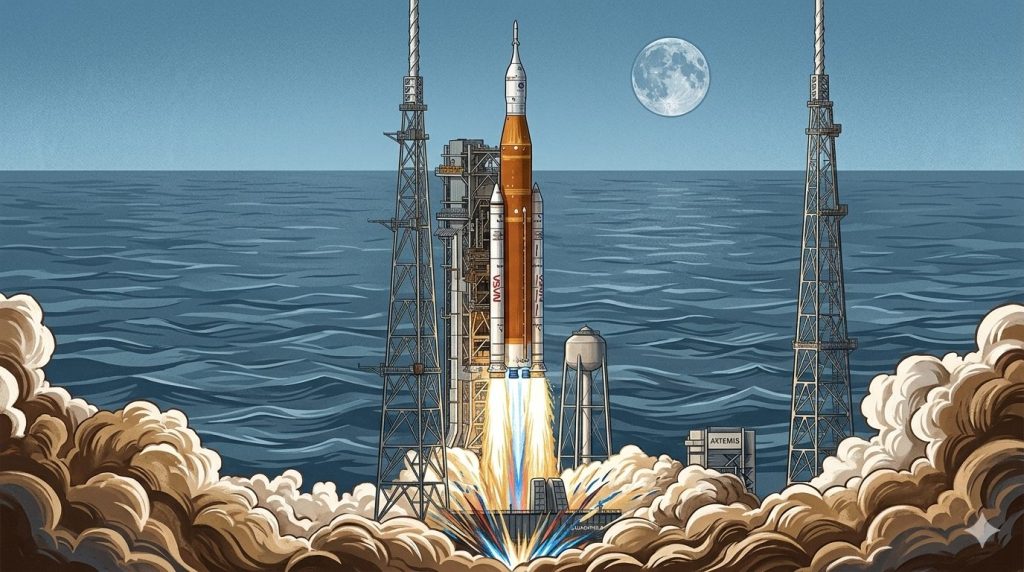 artemis 2 launching from florida with moon in the background