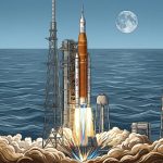 artemis 2 launching from florida with moon in the background