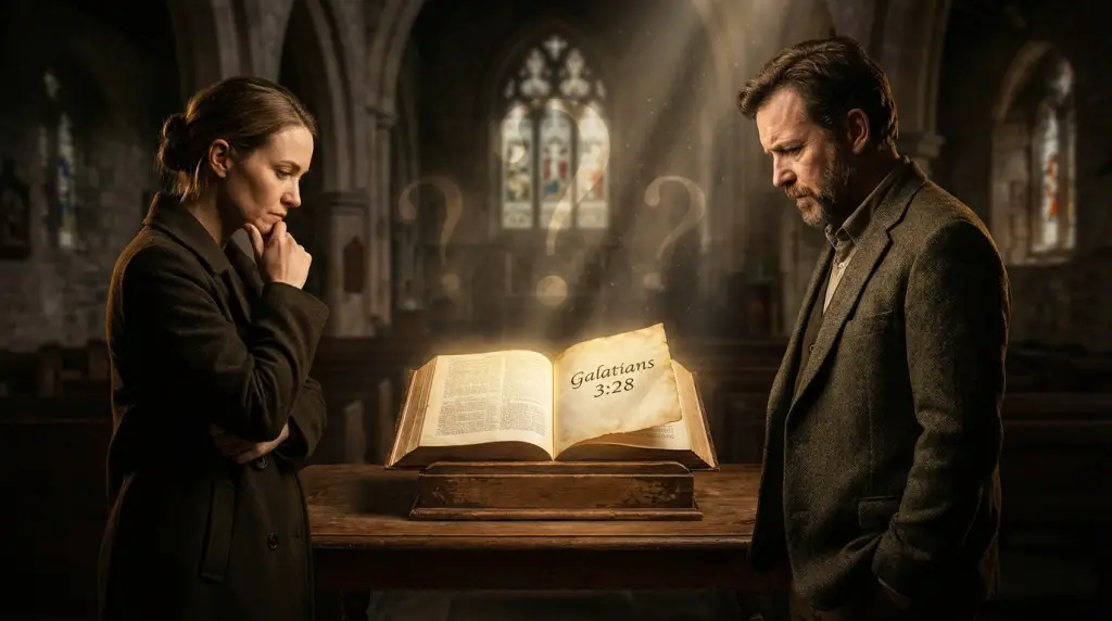 man and woman standing on the side with a bible on Galatians 3 28