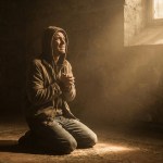 person kneeling down in intense prayer