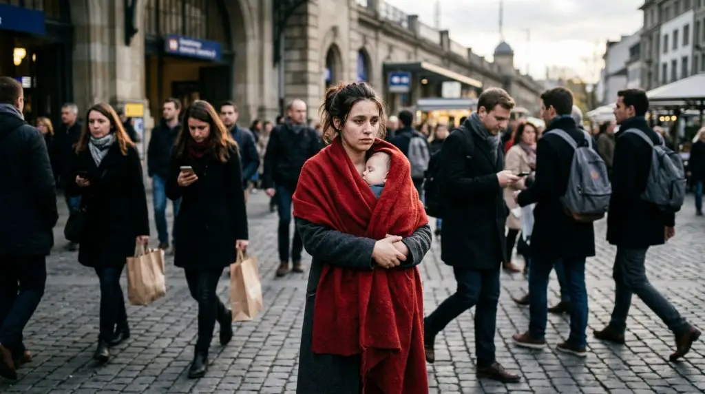 Mother_holding_baby_scarlet_cloth with people walking by