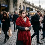Mother_holding_baby_scarlet_cloth with people walking by