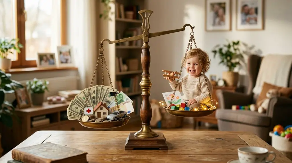 a child on a weighing scale versus money and wealth