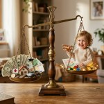 a child on a weighing scale versus money and wealth