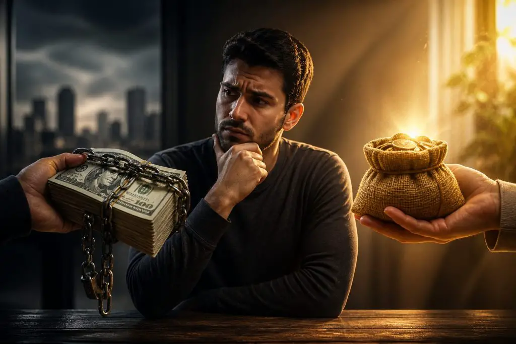 a man offered with money and gold thinking and looking