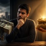 a man offered with money and gold thinking and looking