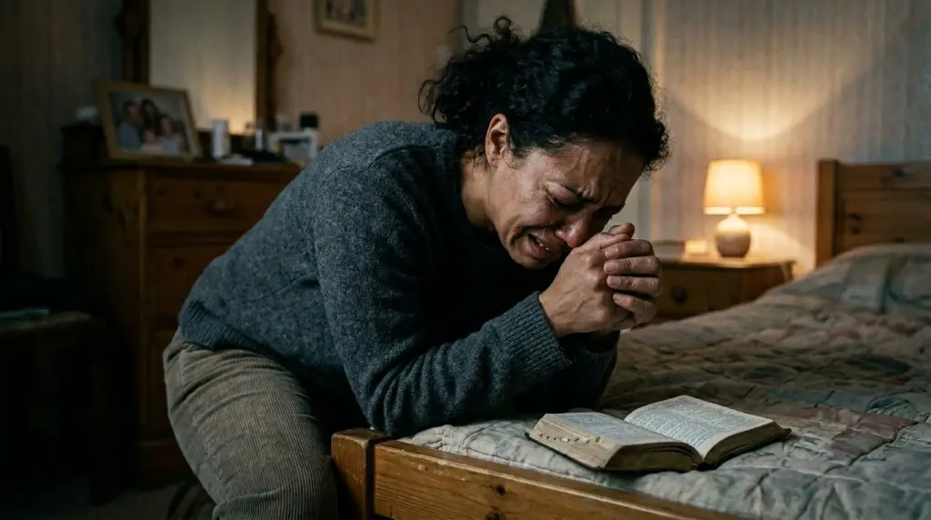 a woman who is praying in desperation in her room with a bible