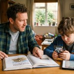 a child distracted by smartphone while being taught by the father