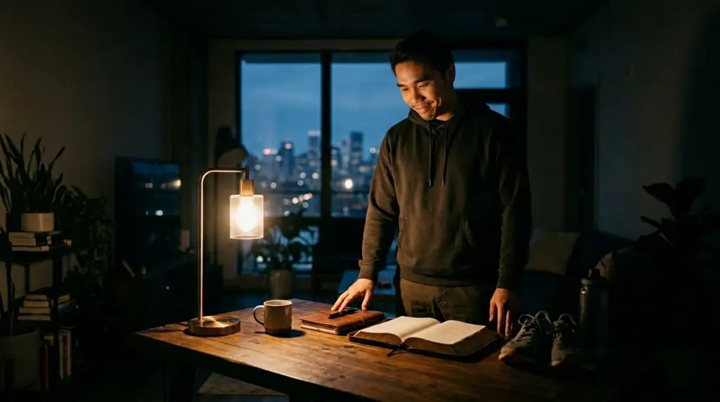 a man standing beside the desk with lamp is on