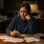 a woman who is sitting in front of the desk looking problematic with money