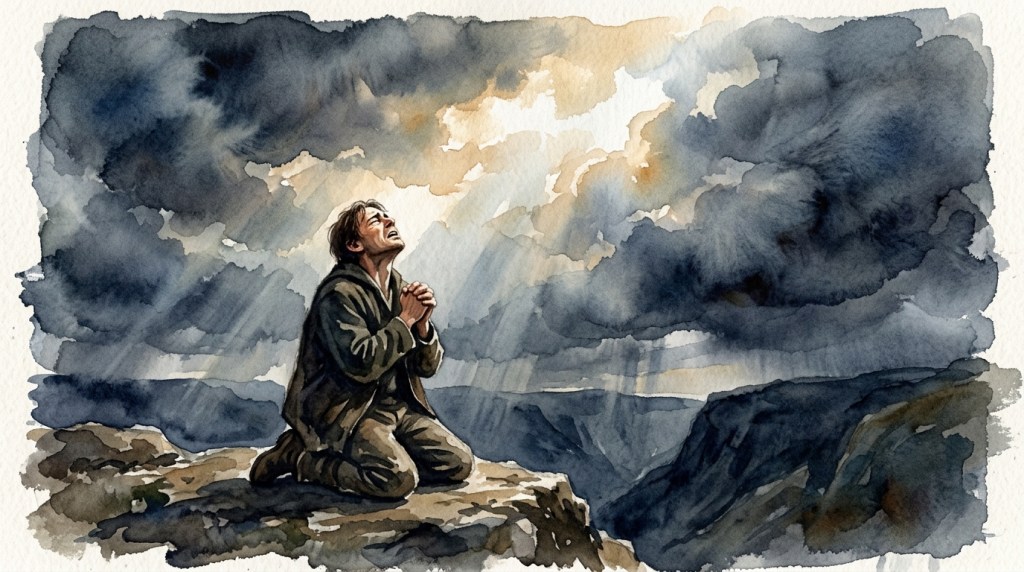 a person who is looking up desperate to hear the voice of God. Dramatic scene. no text. no cross. water color style.
