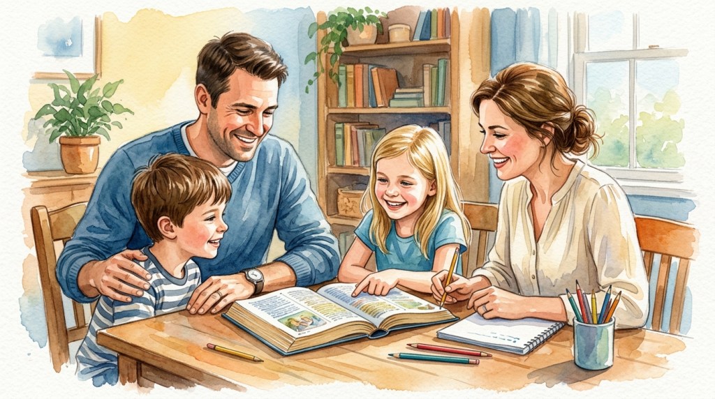 happy family doing bible study together