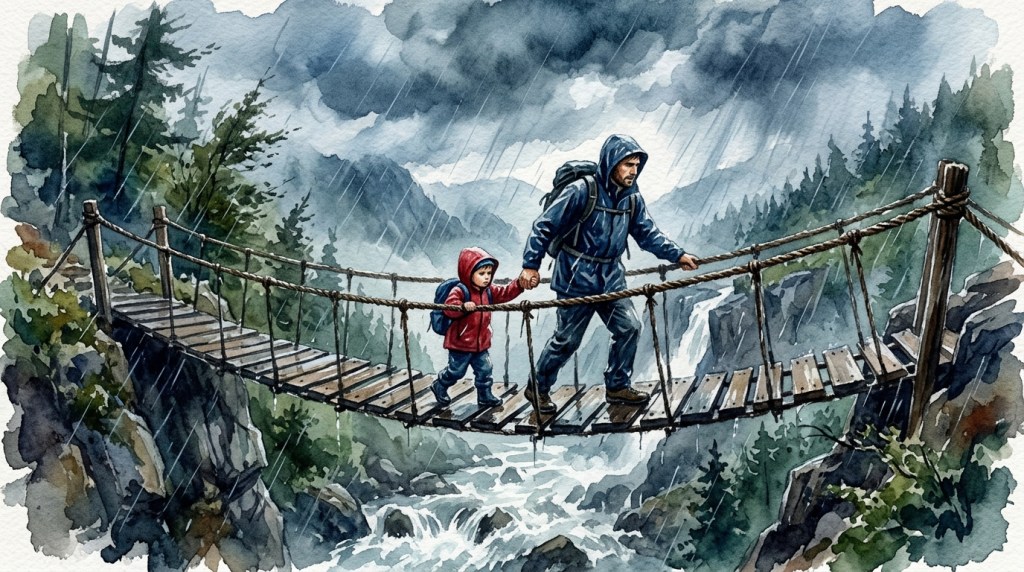 the rope bridge, father, and son about trust
