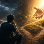 a man praying and a hand guiding