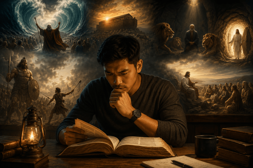 a person investigating the bible with various stories in the background