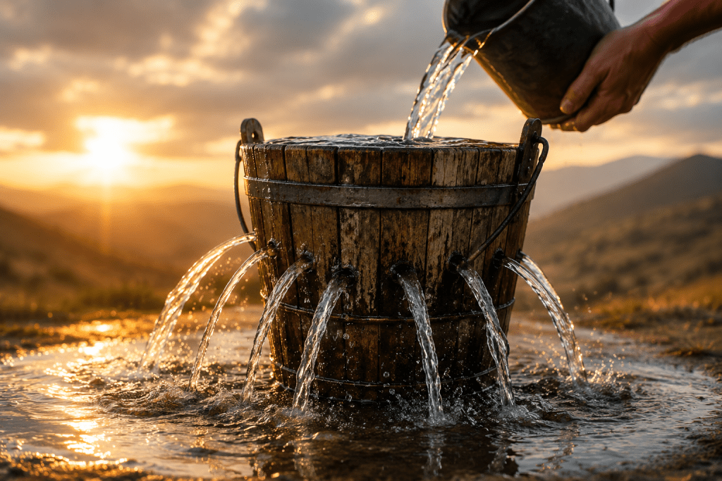 a person pouring water in a bucket with a lot of small holes