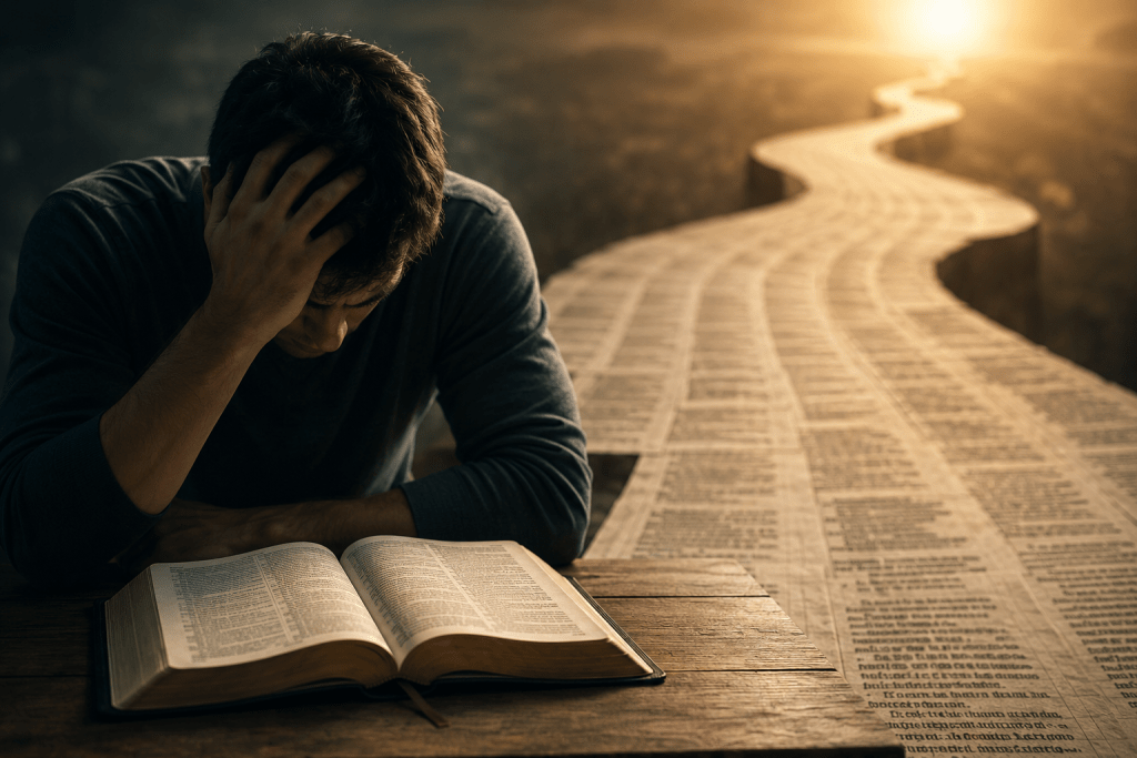 a person reading the bible but having difficulty