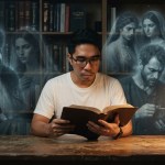person reading the bible with bible characters in the background