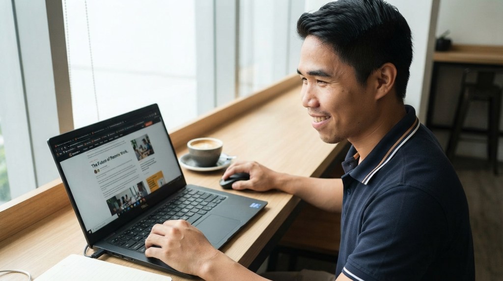 reading a christian article in the laptop